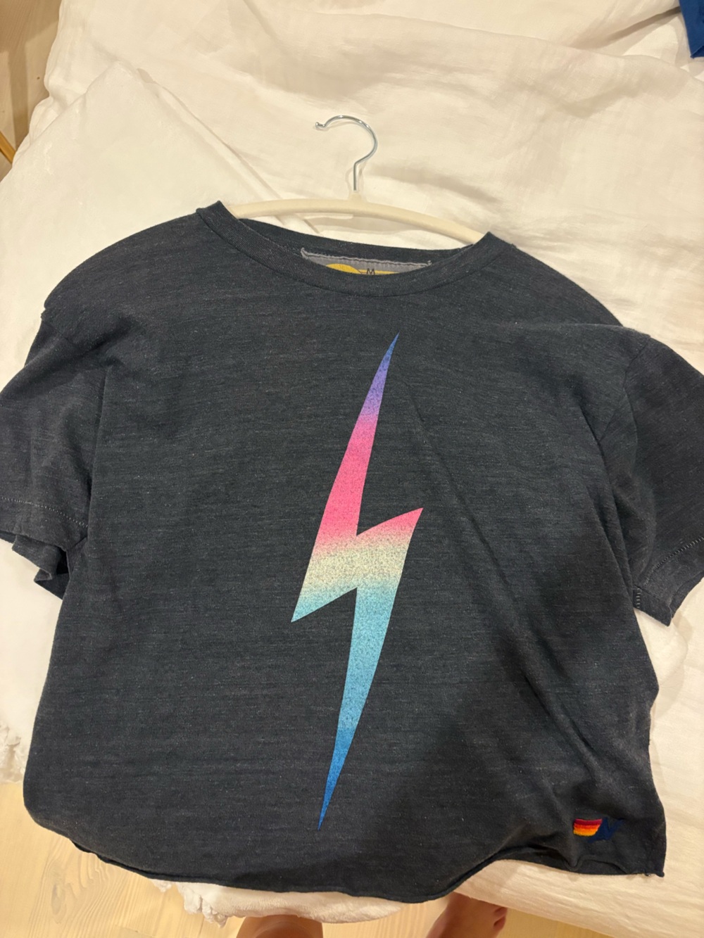 Aviator Nation Black Tee with Gradient Pink-Blue Lightning Bolt
